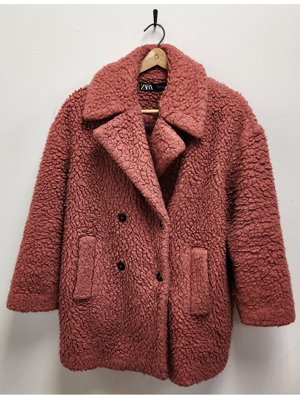 ZARA Marsala Pink Faux Shearling Teddy Bear Coat Double Breasted Jacket Size XS